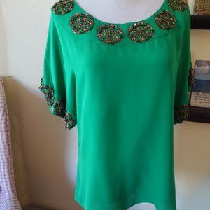 Alice + Olivia 100% Silk Dry Clean Only US Medium Green & Brown Beaded Shirt